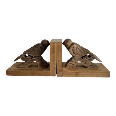 Paire de serres livres art déco en bois  sculptés oiseaux