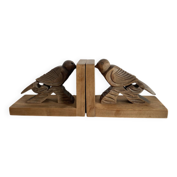 Paire de serres livres art déco en bois  sculptés oiseaux