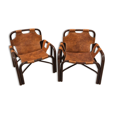 Paire de fauteuils Tito Agnoli en cuir et bambou, années 70