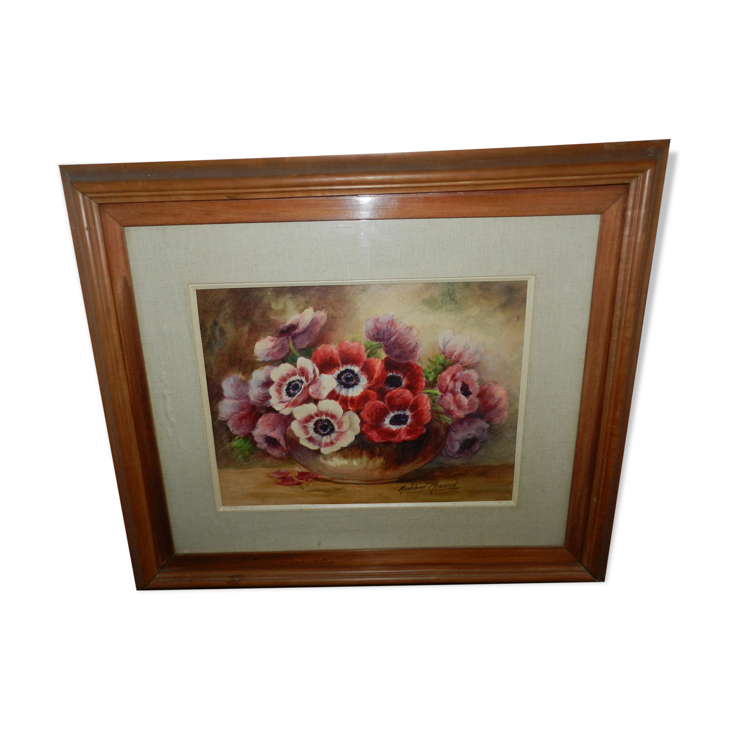 Watercolor painting framed under glass signed Madeleine Renaud