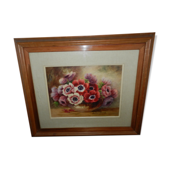 Watercolor painting framed under glass signed Madeleine Renaud
