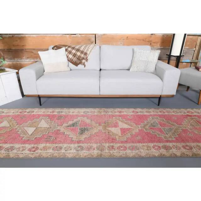Vintage Turkish Hand-Knotted Wool Cotton Pink Runner Rug 92x364