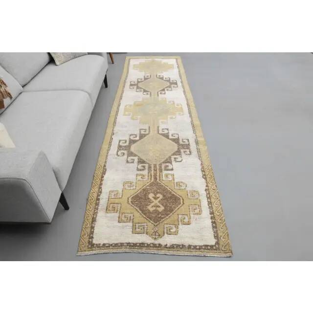 1970s Turkish Hand-Knotted Wool Cotton White Runner Rug 92x322
