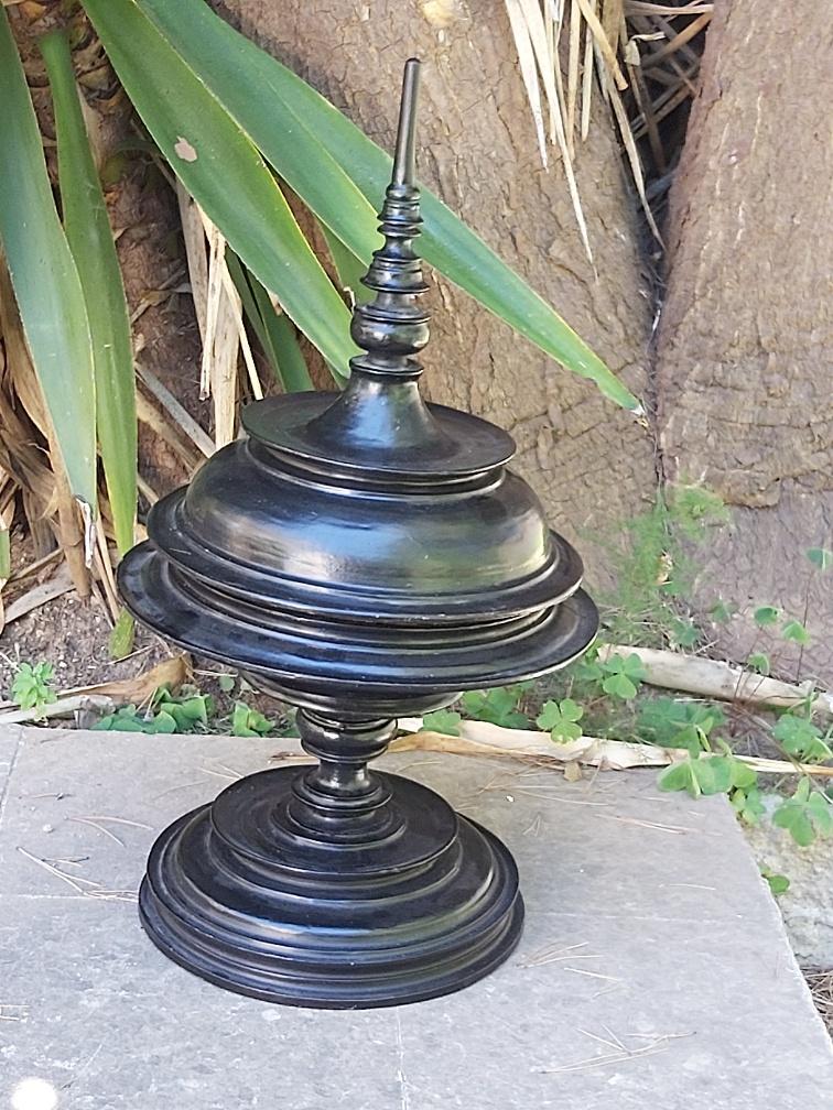 Ancient Burmese laywood offering pot