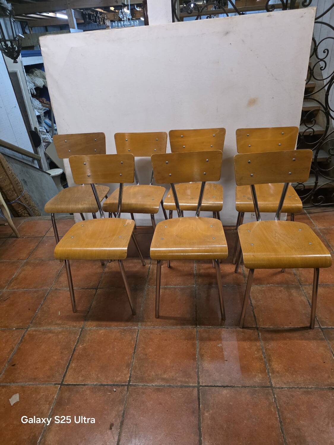 7 vintage school chairs in chrome metal from the 1970s