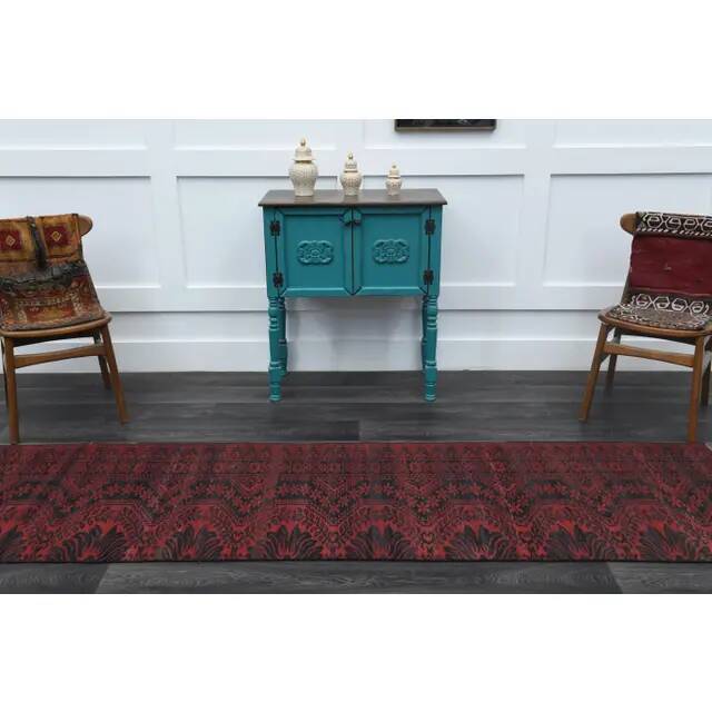 Vintage Turkish Oushak Handmade Wool Cotton Red Runner Rug 80x281