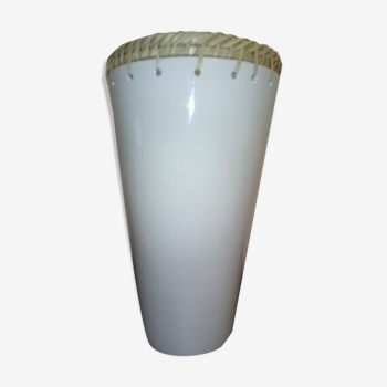 Large white ceramic vase with braided straw edge