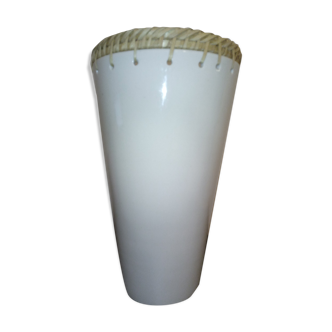 Large white ceramic vase with braided straw edge