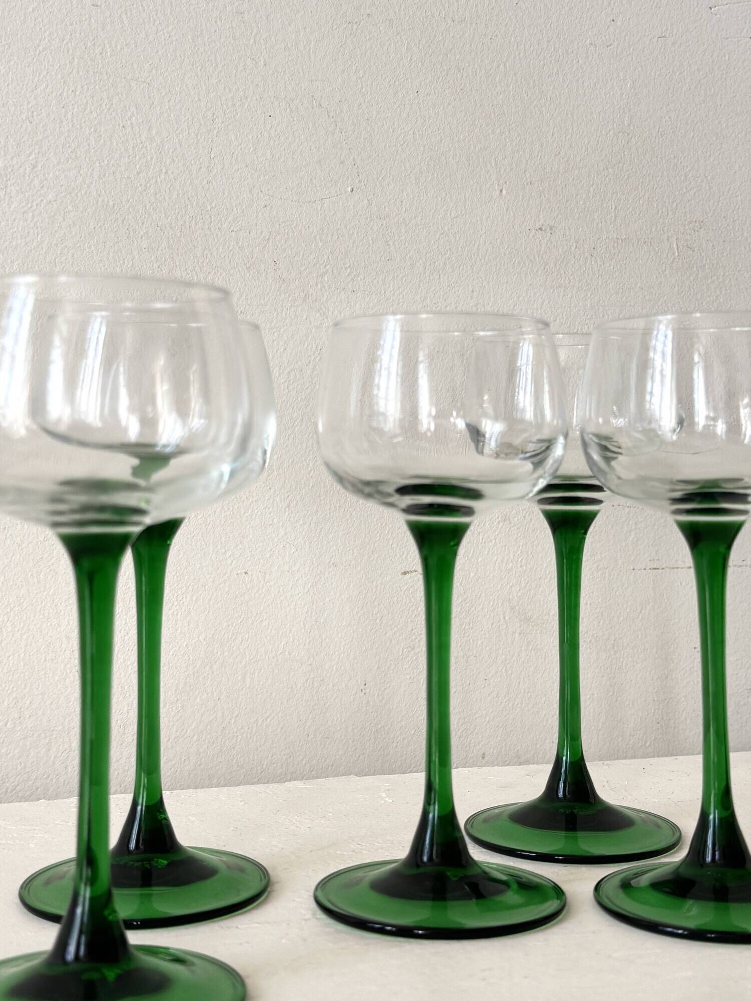 French service of green bottle glass wine glasses, Alsace 1970.