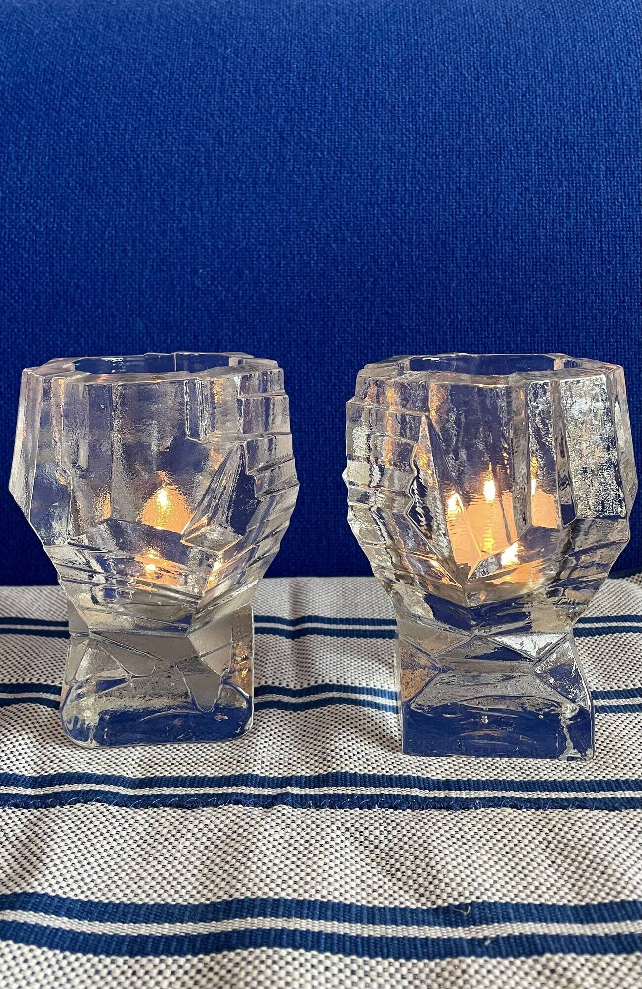 Set of 2 Swedish brutalist frosted glass candle holders.