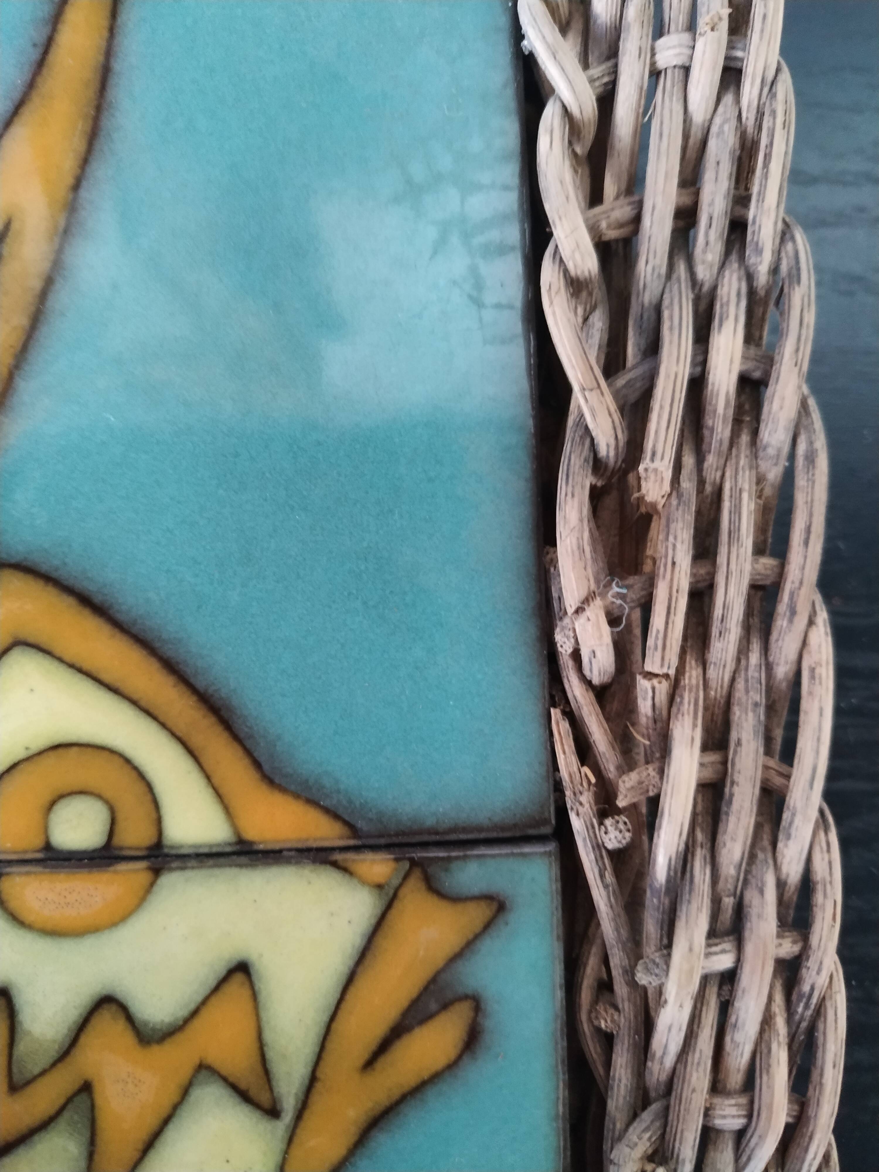 Under ceramic dish and rattan