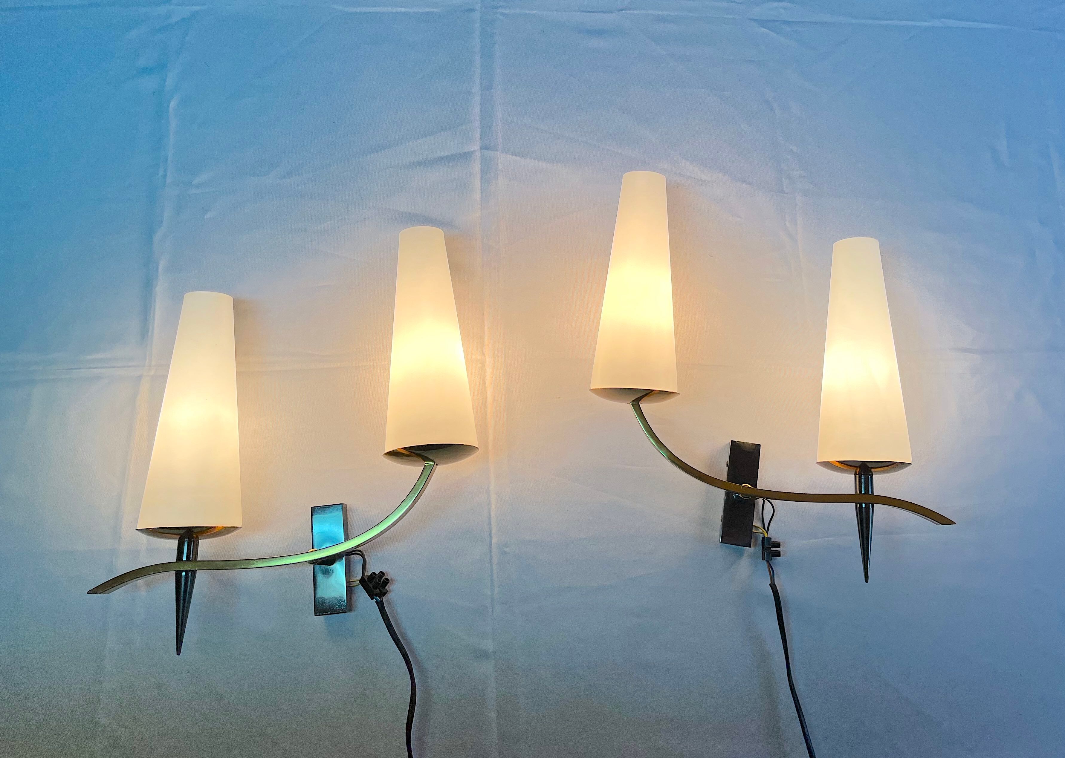 Pair of double sconces in brass and opaline, Maison Arlus, France, Mid-Century
