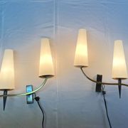 Pair of double sconces in brass and opaline, Maison Arlus, France, Mid-Century