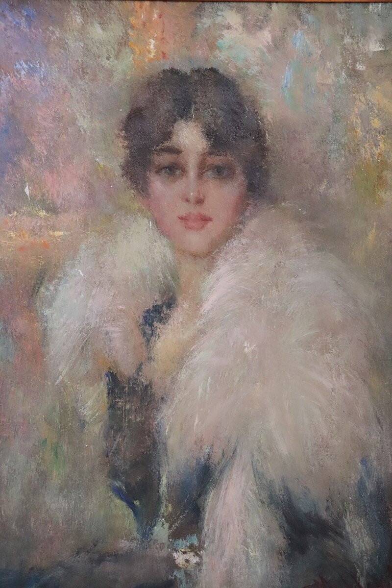 Oil painting on canvas, portrait of a young woman, Italy signed and dated 1917