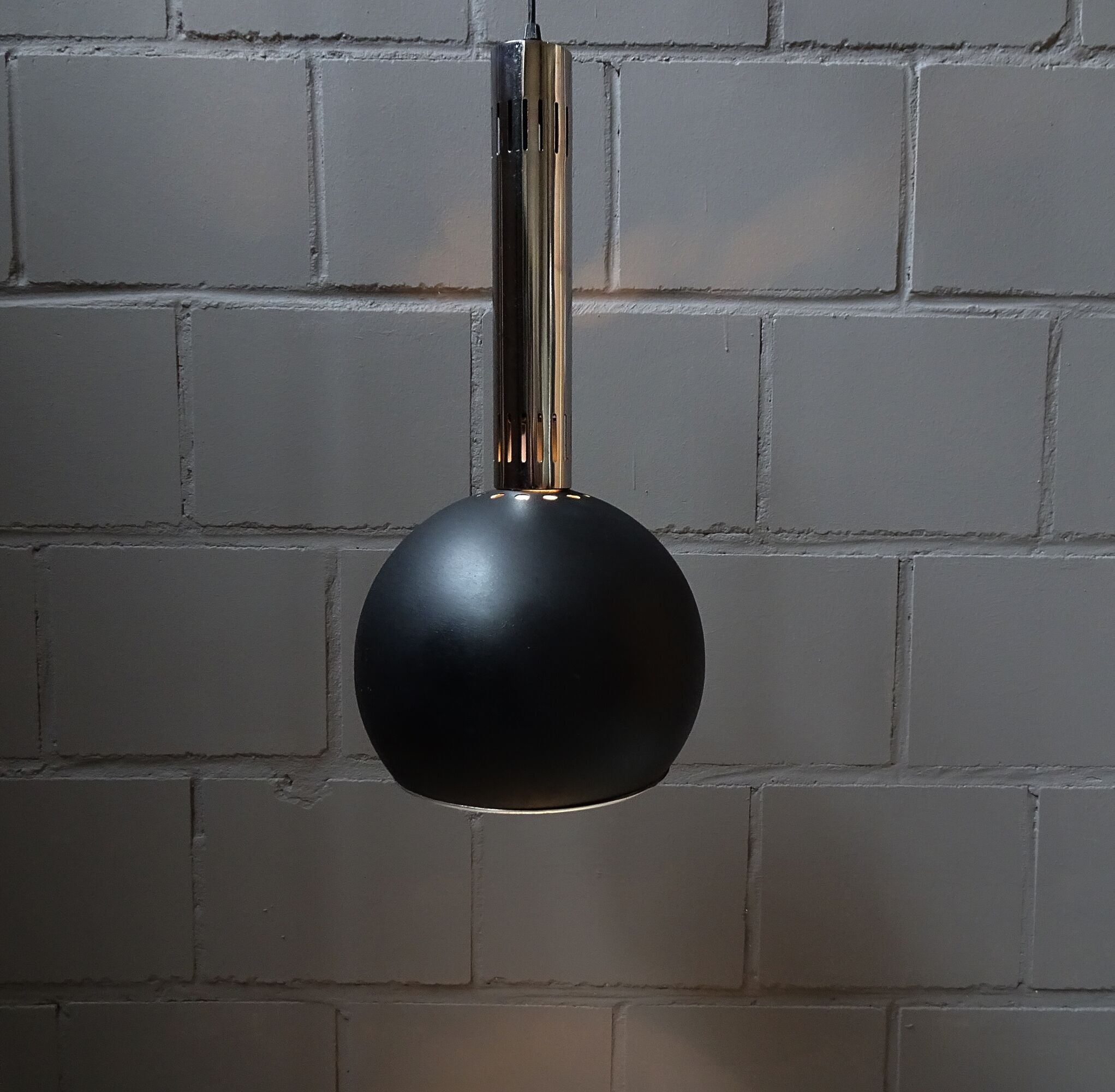 large industrial pendant lamp made of metal and chrome with black shrink lacquer, ball lamp 1960s