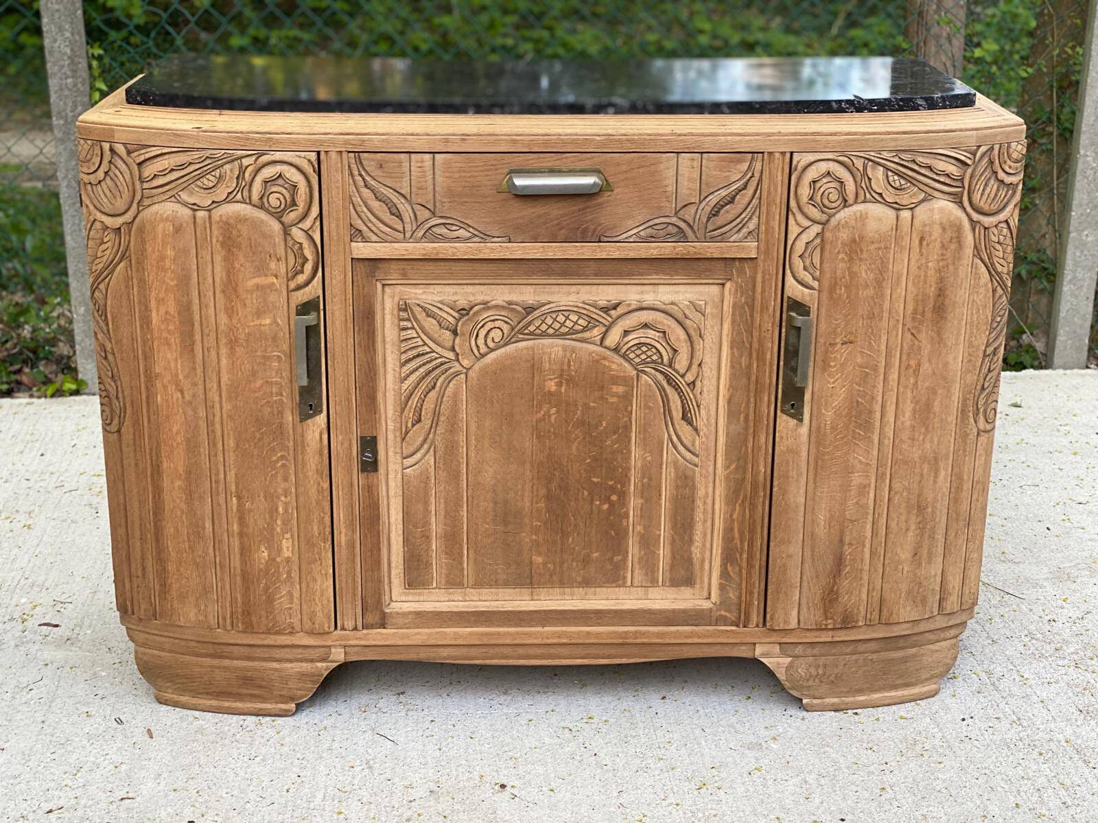 Renovated vintage Parisian art deco sideboard in solid oak and marble 1930