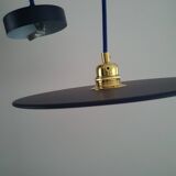 Midnight blue painted metal disc pendant light - blue textile cable