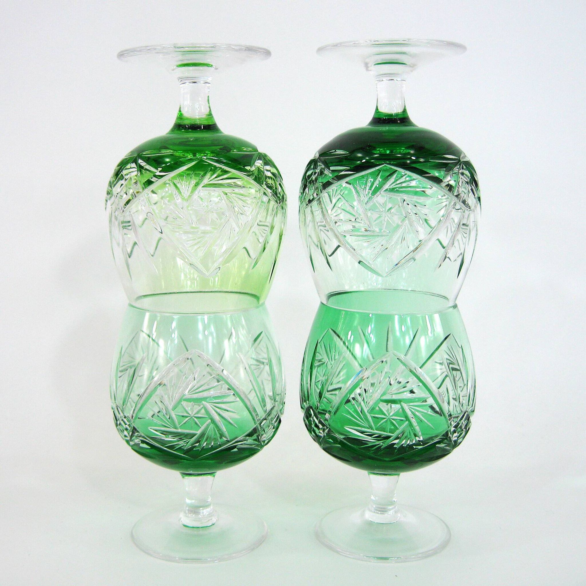 4 green cut crystal liqueur glasses - made in Germany - vintage 60s
