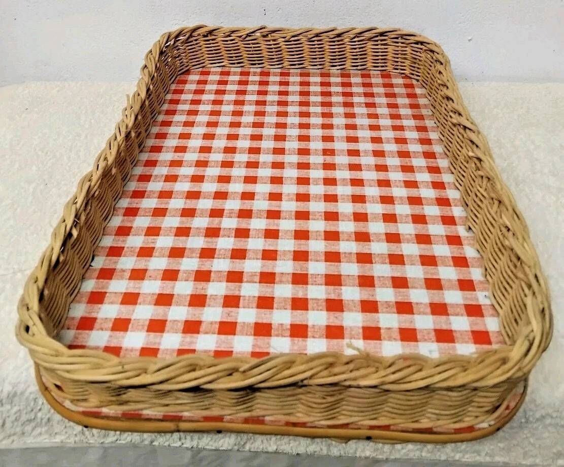 Rectangular Wicker Tray with Vichy Decor L: 44 cm Vintage