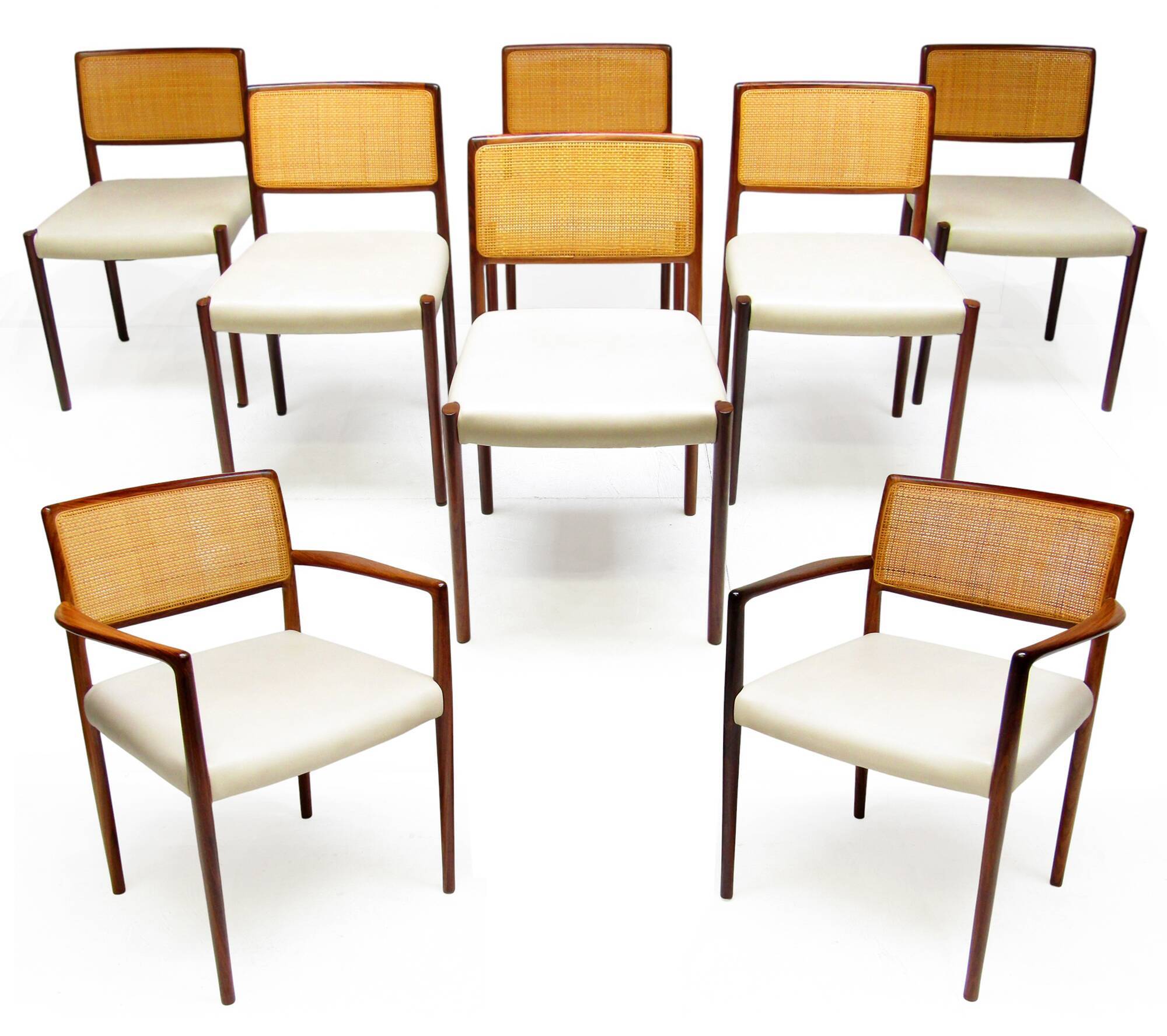 Set of 8 Danish Dining Chairs in Rosewood & Rattan attr. Niels Moller