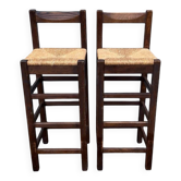 Lot de 2 tabourets de bar vintage en bois avec assise en paille tressée