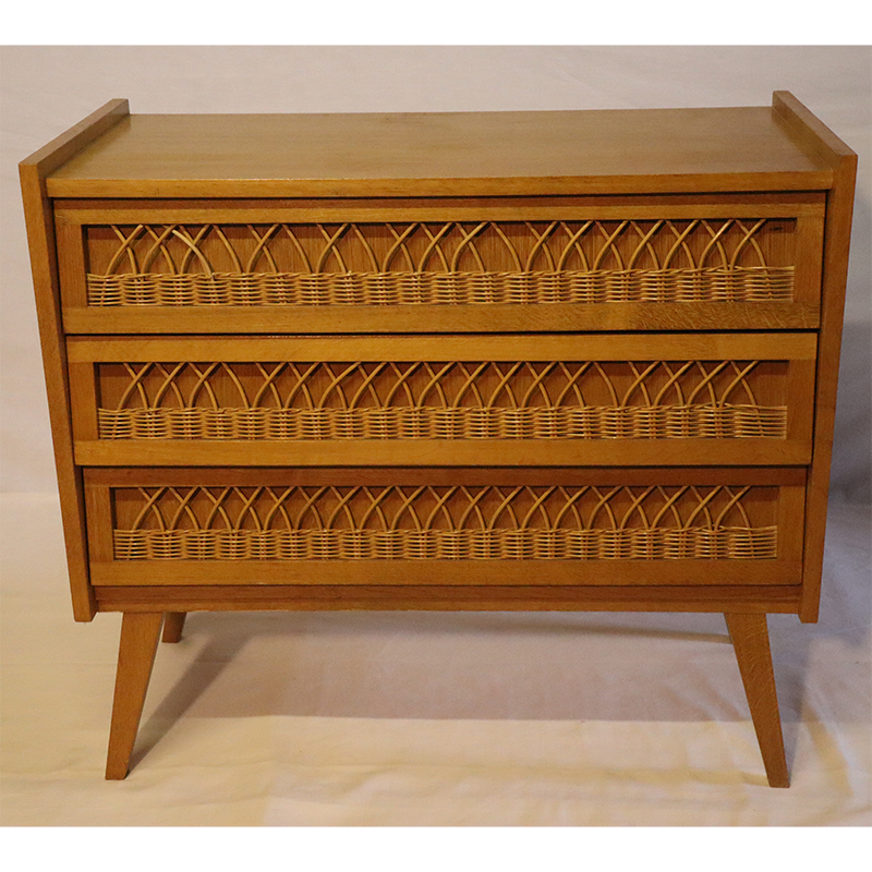 Commode vintage en bois et rotin 1960