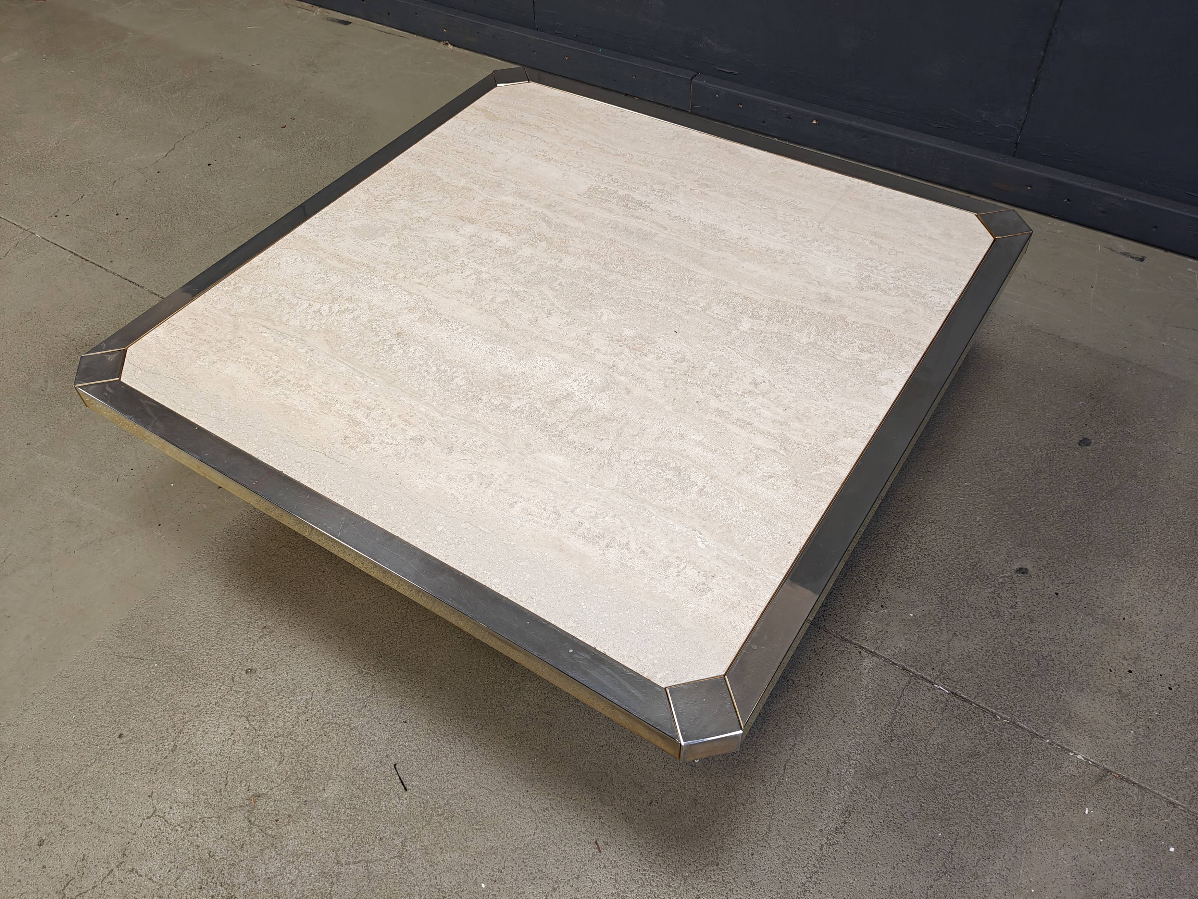 Vintage belgochrom 23kt gold and travertine coffee table , 1970s