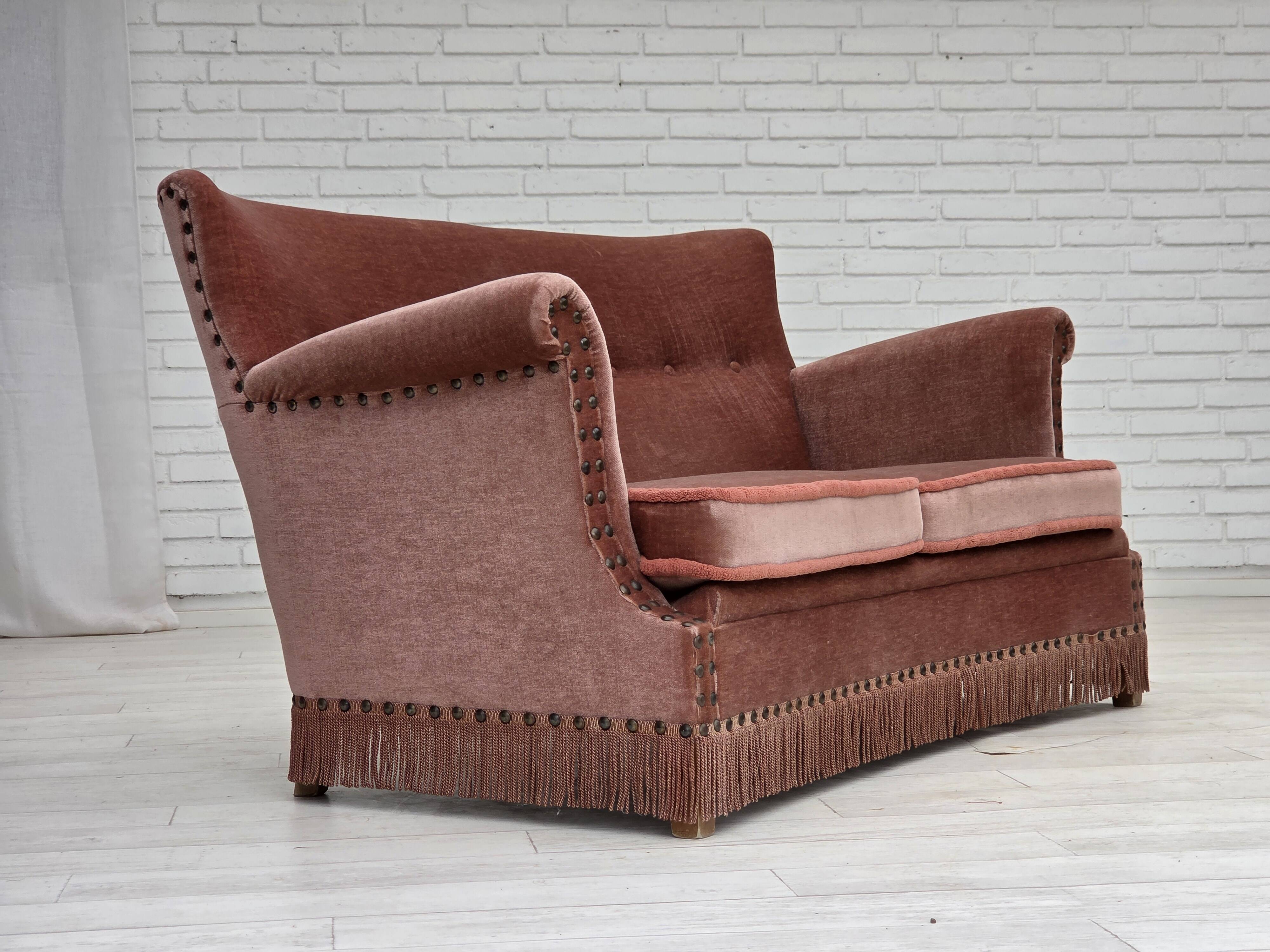 1970s, Danish 2-seater sofa, salmon pink furniture velour, beech wood.