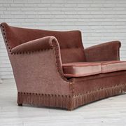 1970s, Danish 2-seater sofa, salmon pink furniture velour, beech wood.