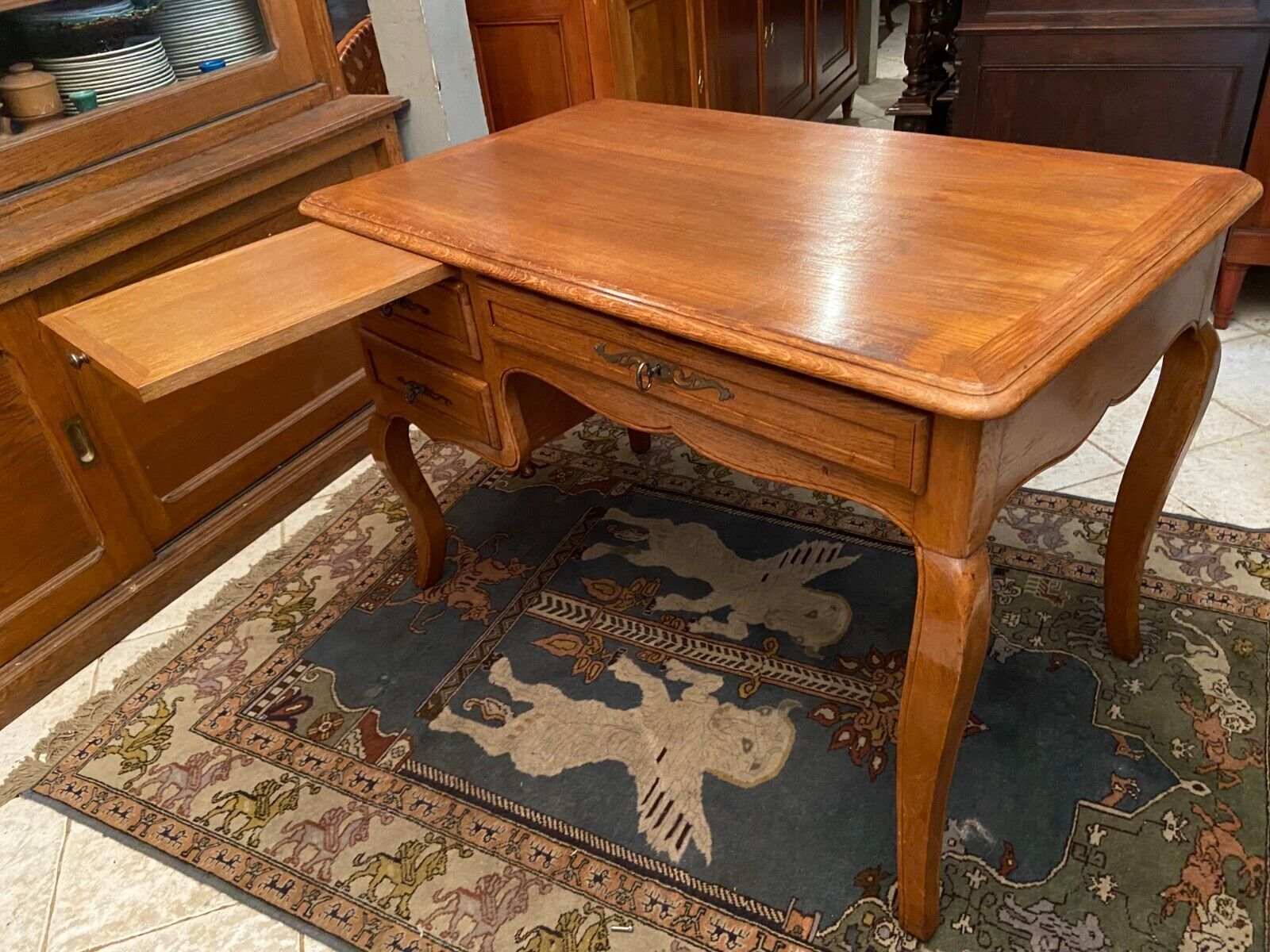 Office 3 drawers and retractable shelf solid blond oak Louis XV style