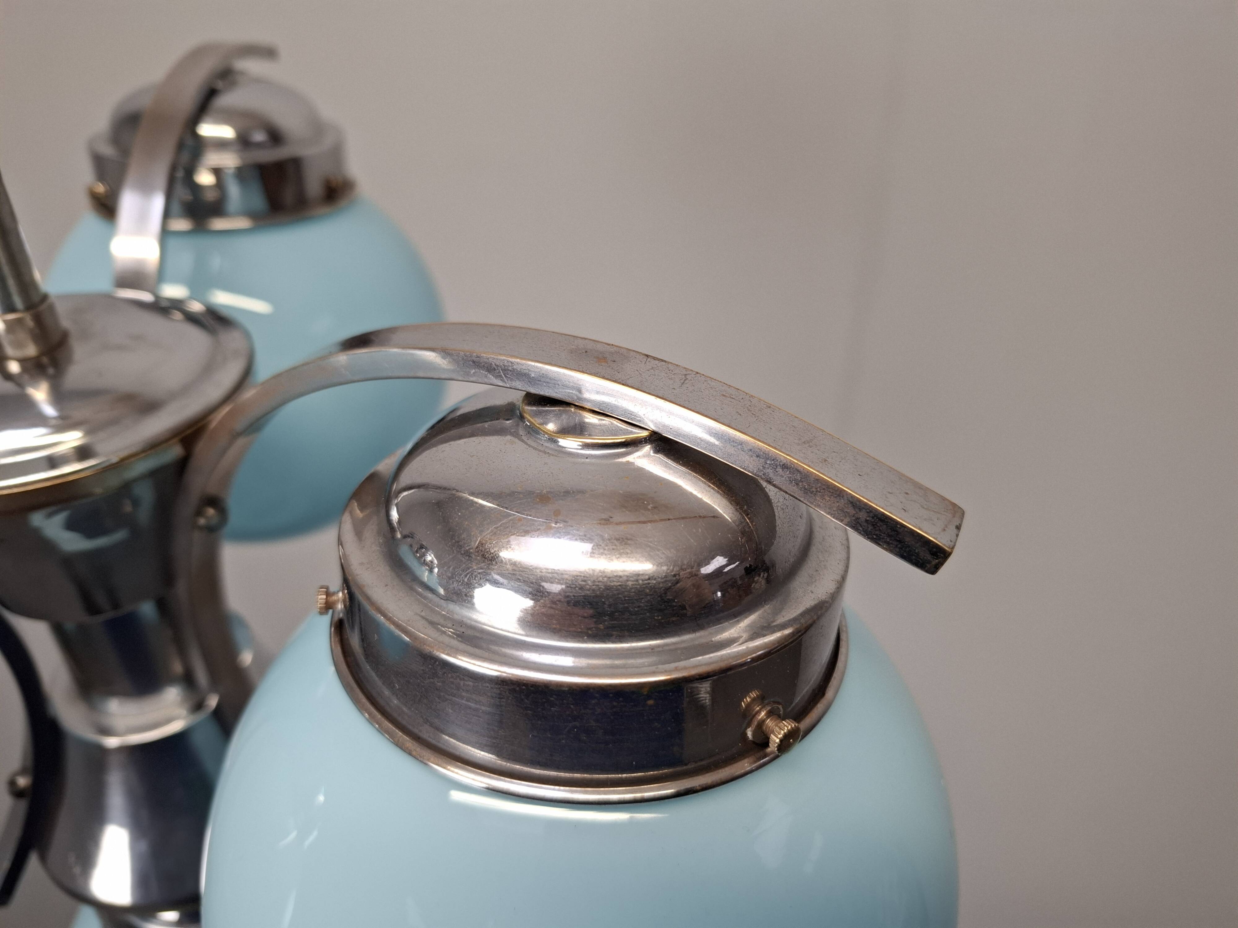 1930s Czech Art Deco Blue Opaline Glass and Chrome Four-Light Chandelier
