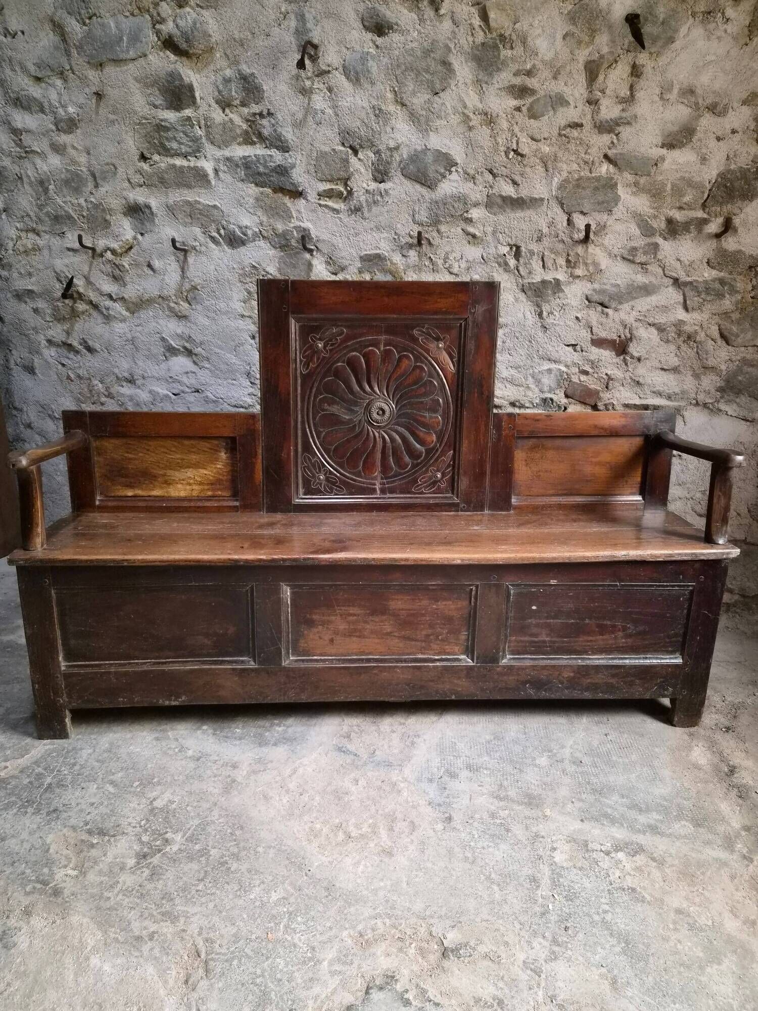 Old French popular art bench from Auvergne, circa 1800–1850