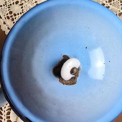 Antique blue enamel coffee pot – complete – floral decoration – 1930s