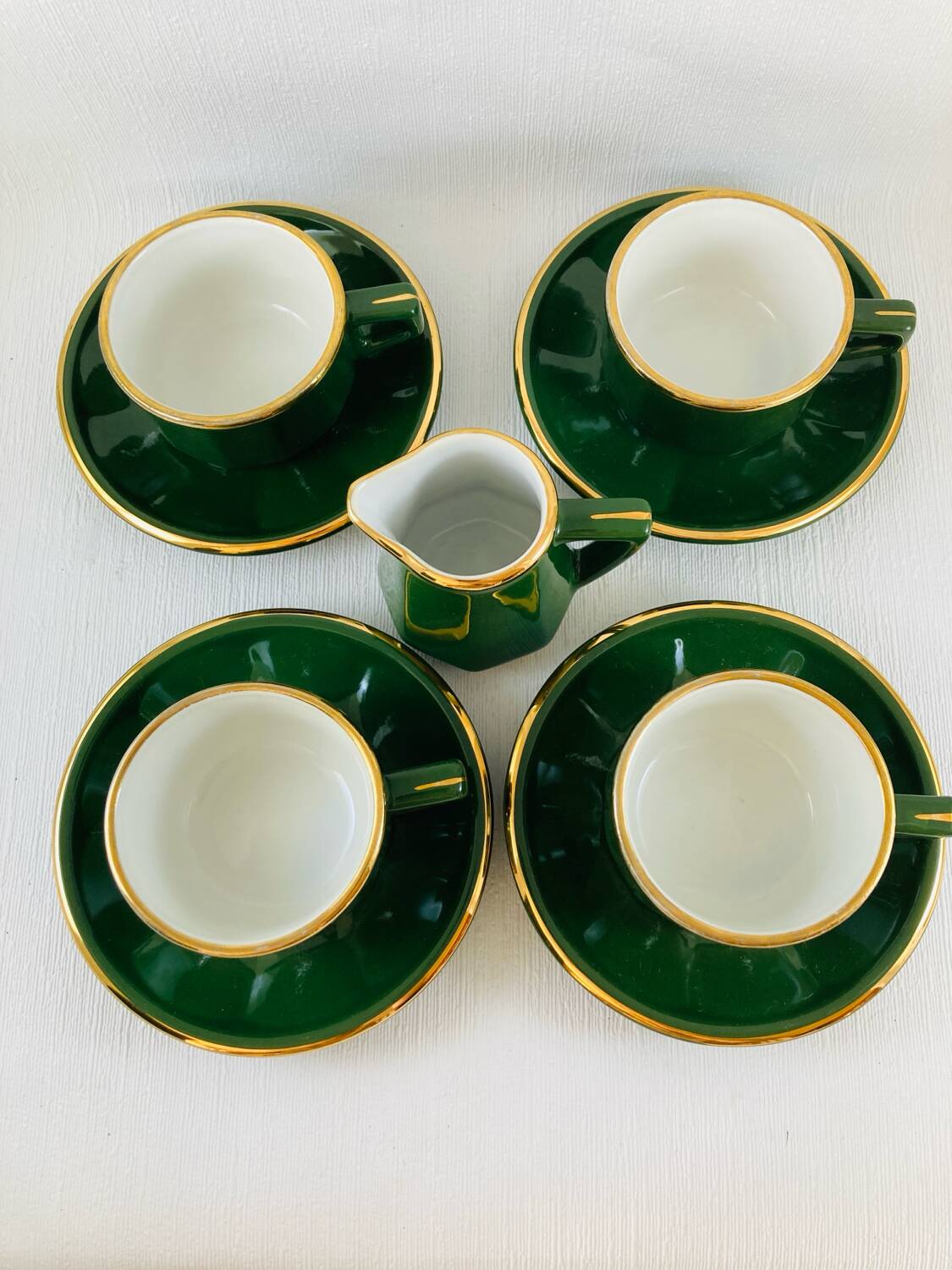 Bistro Coffee Service Cups Saucers and Green Faceted Milk Jug