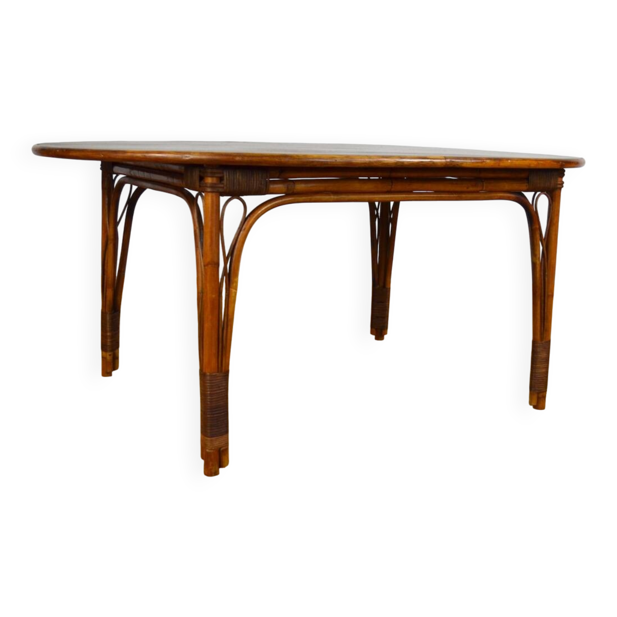 Vintage Oval Bamboo and Rattan Dining Table 1980