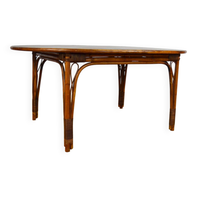 Table de Repas Vintage Ovale en Bambou et Rotin 1980