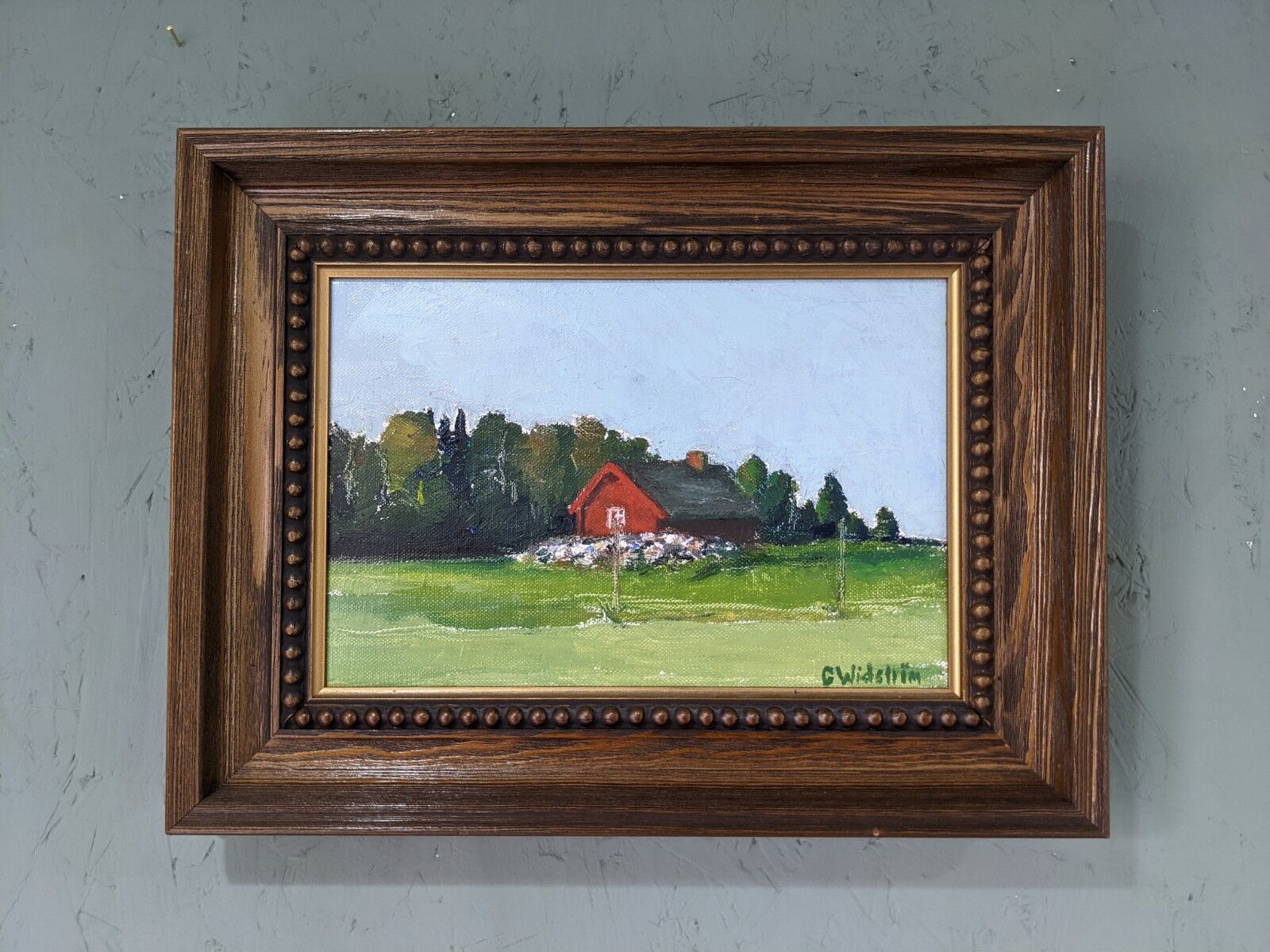 Mid-Century Modern Swedish "Red Cottage" Vintage Landscape Oil Painting, Framed
