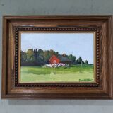Mid-Century Modern Swedish "Red Cottage" Vintage Landscape Oil Painting, Framed