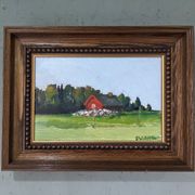 Mid-Century Modern Swedish "Red Cottage" Vintage Landscape Oil Painting, Framed