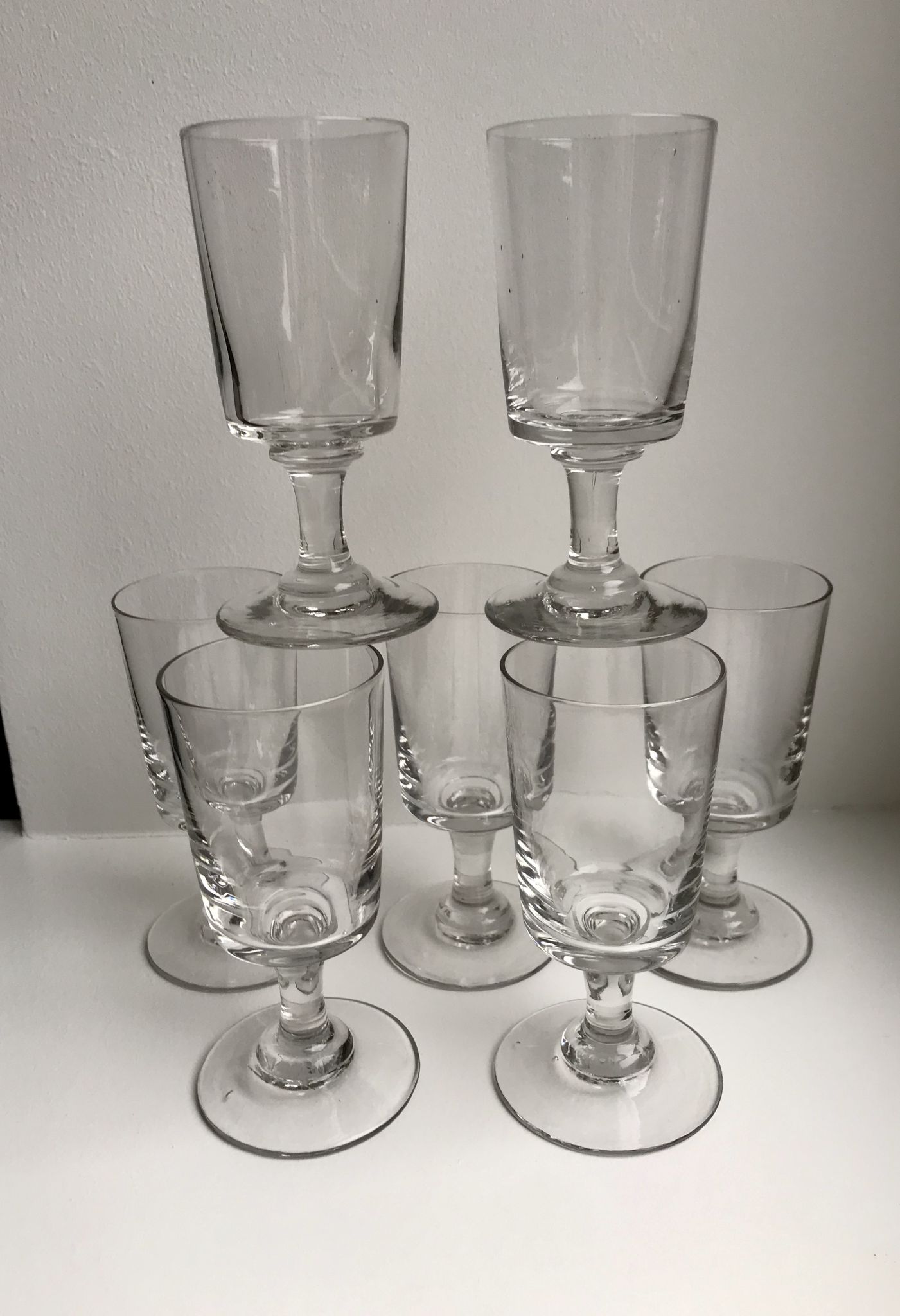 set of 7 glasses with molded glass stems old early twentieth century