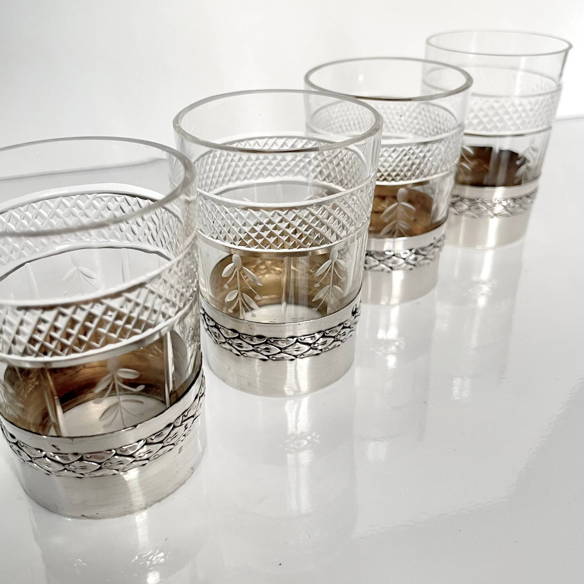 4 crystal and silver liqueur glasses – Late 19th - early 20th century