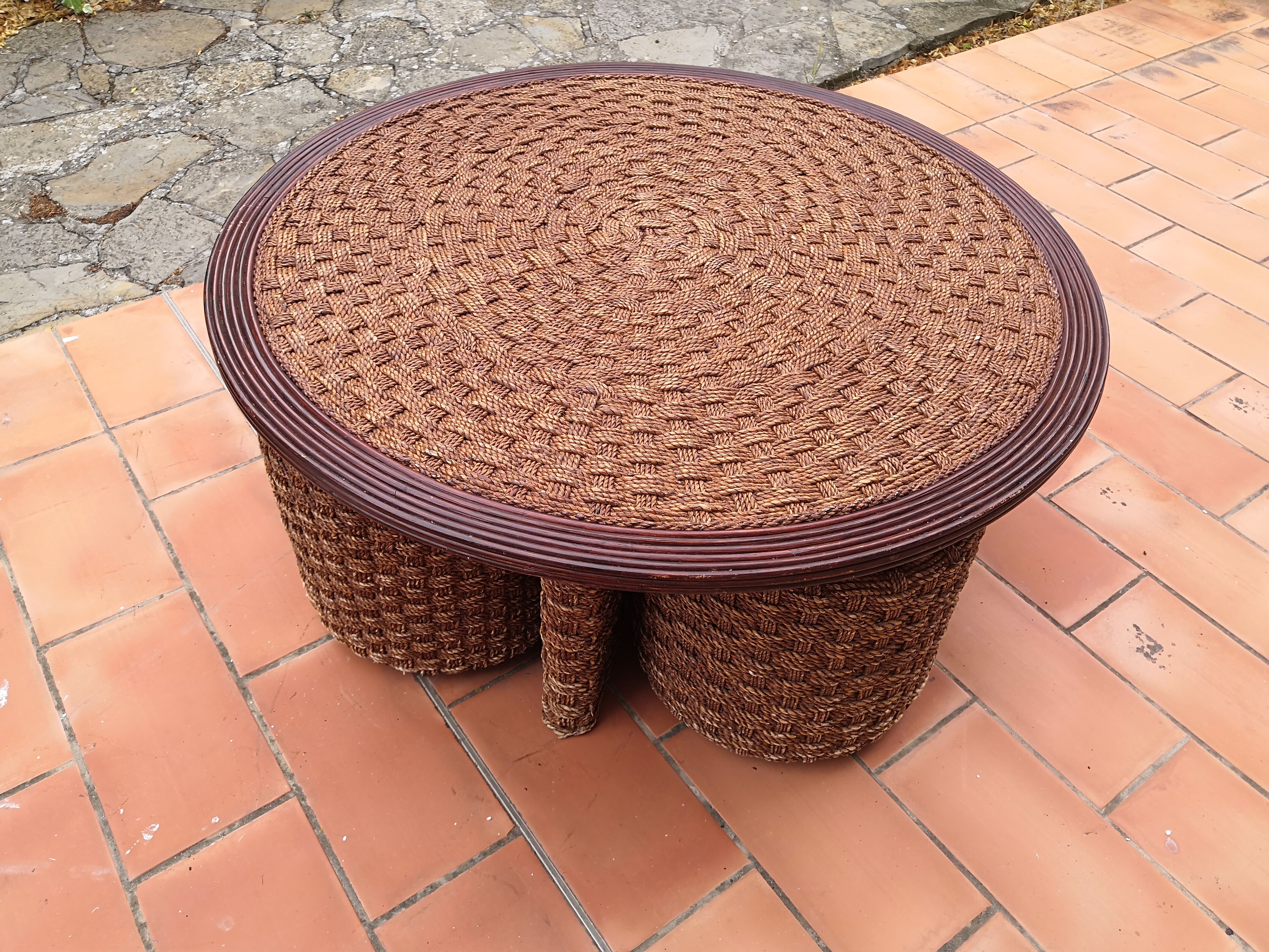 Living room set, vintage rope coffee table with 4 stools 1950