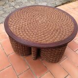 Living room set, vintage rope coffee table with 4 stools 1950
