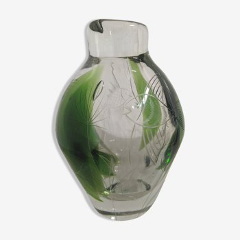 Engraved glass vase decorated with fish from the 60s/70s
