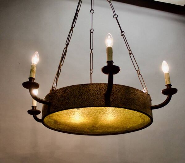 Lustre art deco fer forgé à 6 feux de lumière