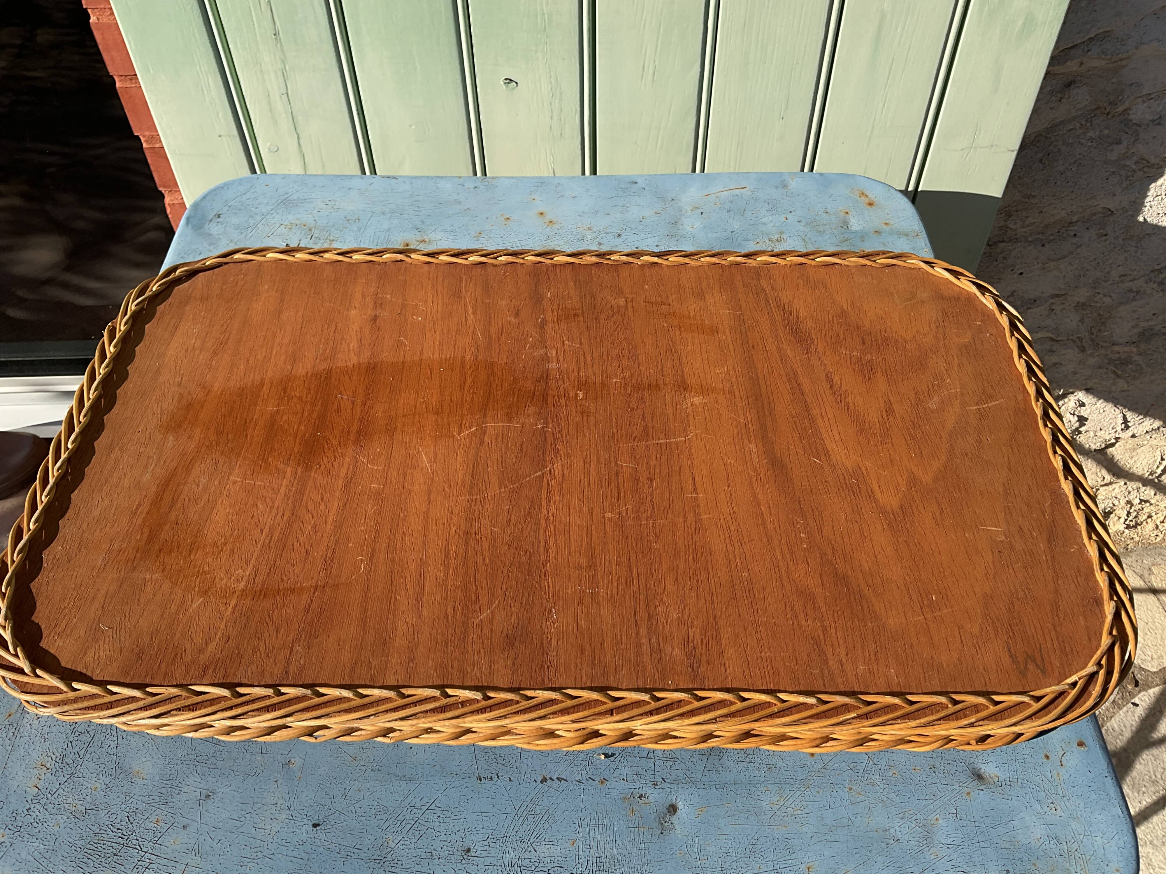 Large wood and wicker tray