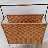 Rattan magazine rack with metal frame from the 50s