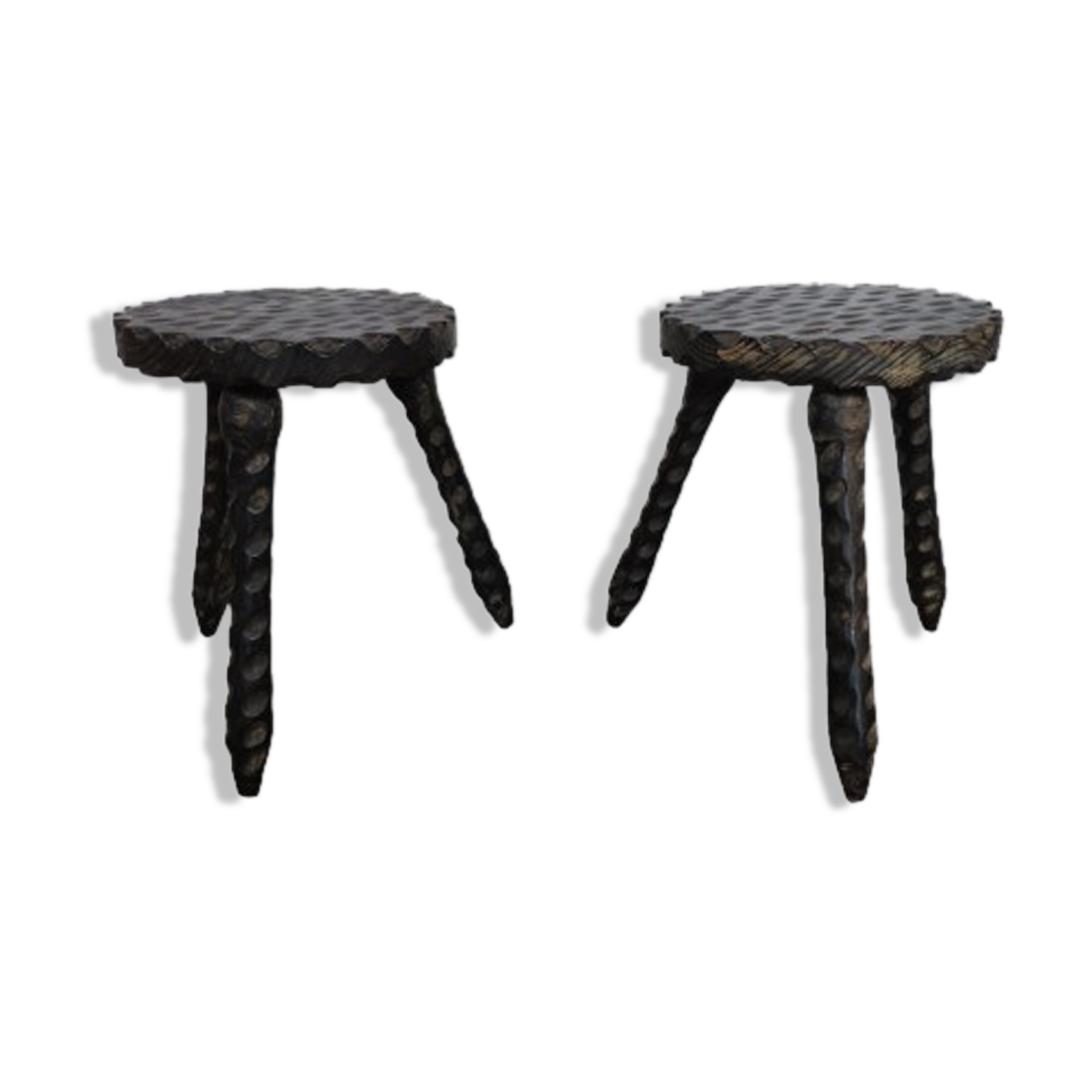 Pair of antique stools in carved solid oak