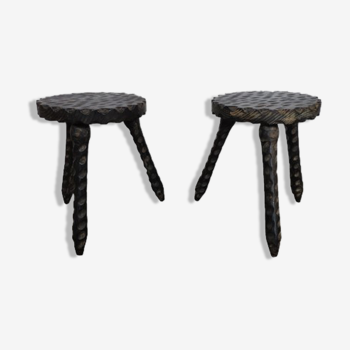 Pair of antique stools in carved solid oak