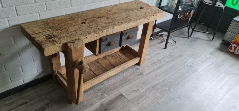 Old carpenter's workbench two drawers, industrial furniture